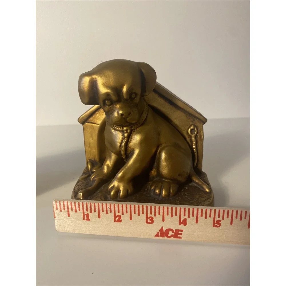 Gold Puppy Doghouse Bookends Vintage Chalkware Mid century